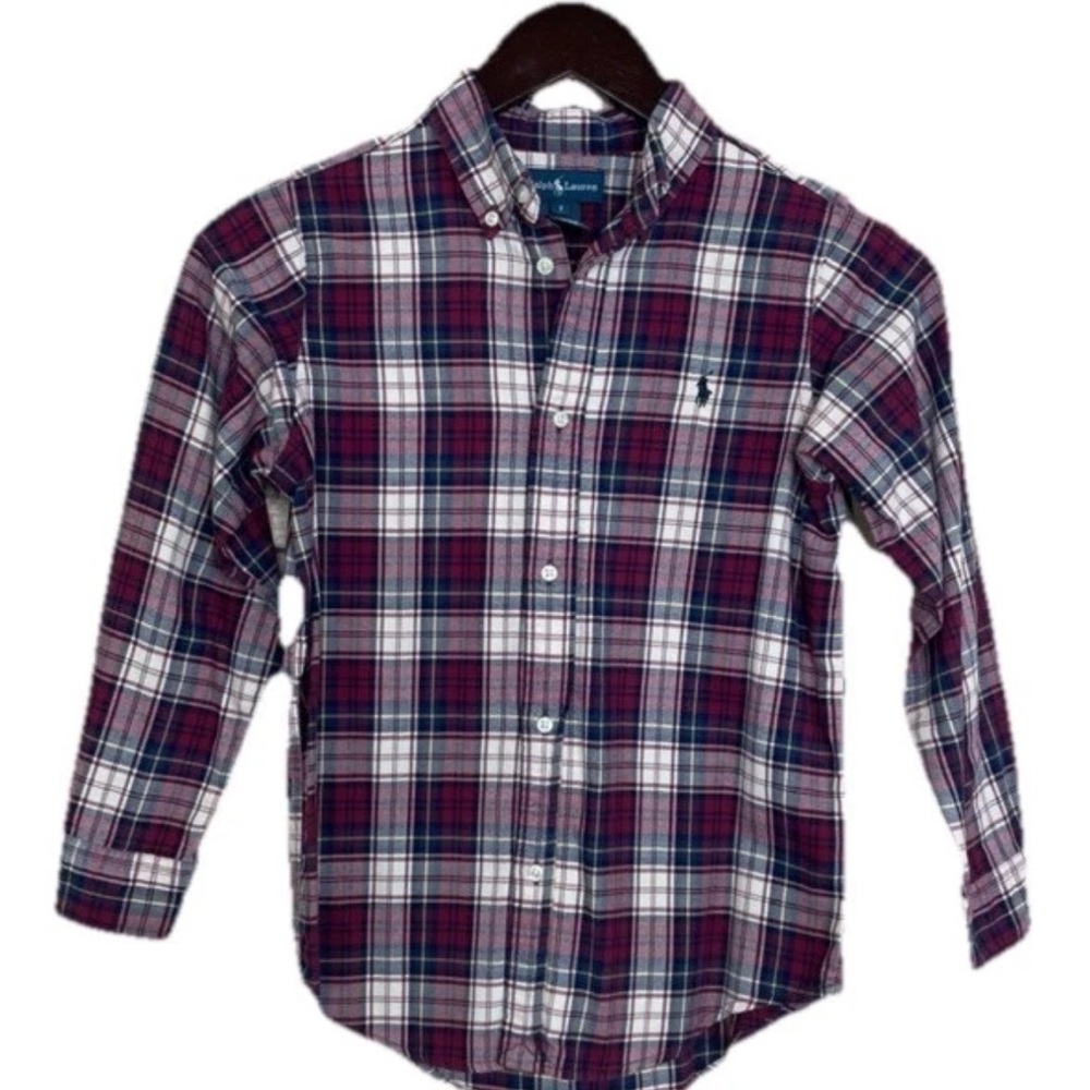 Ralph Lauren Boys Plaid Button Down Shirt Size 7 Red Blue White Classic
